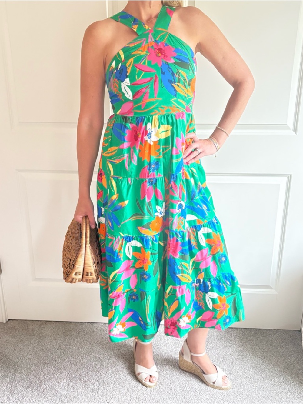 J. Crew Green Tropical Halter Midi Dress with Multicolor Floral Print